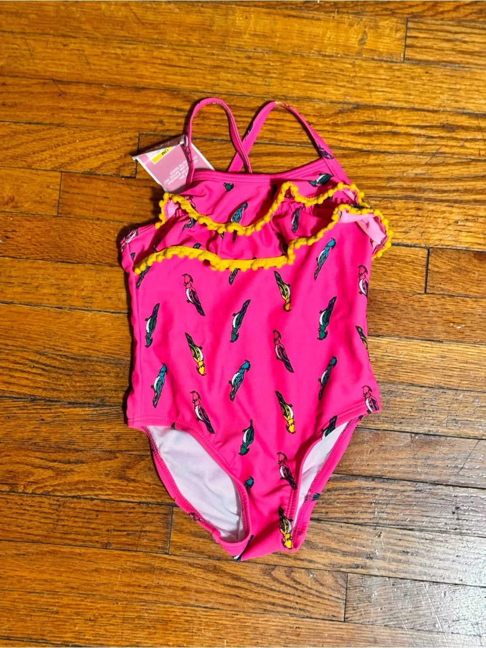 Girls' Pink Parrot Print Ruffle One-Piece Swimsuit UPF 50+